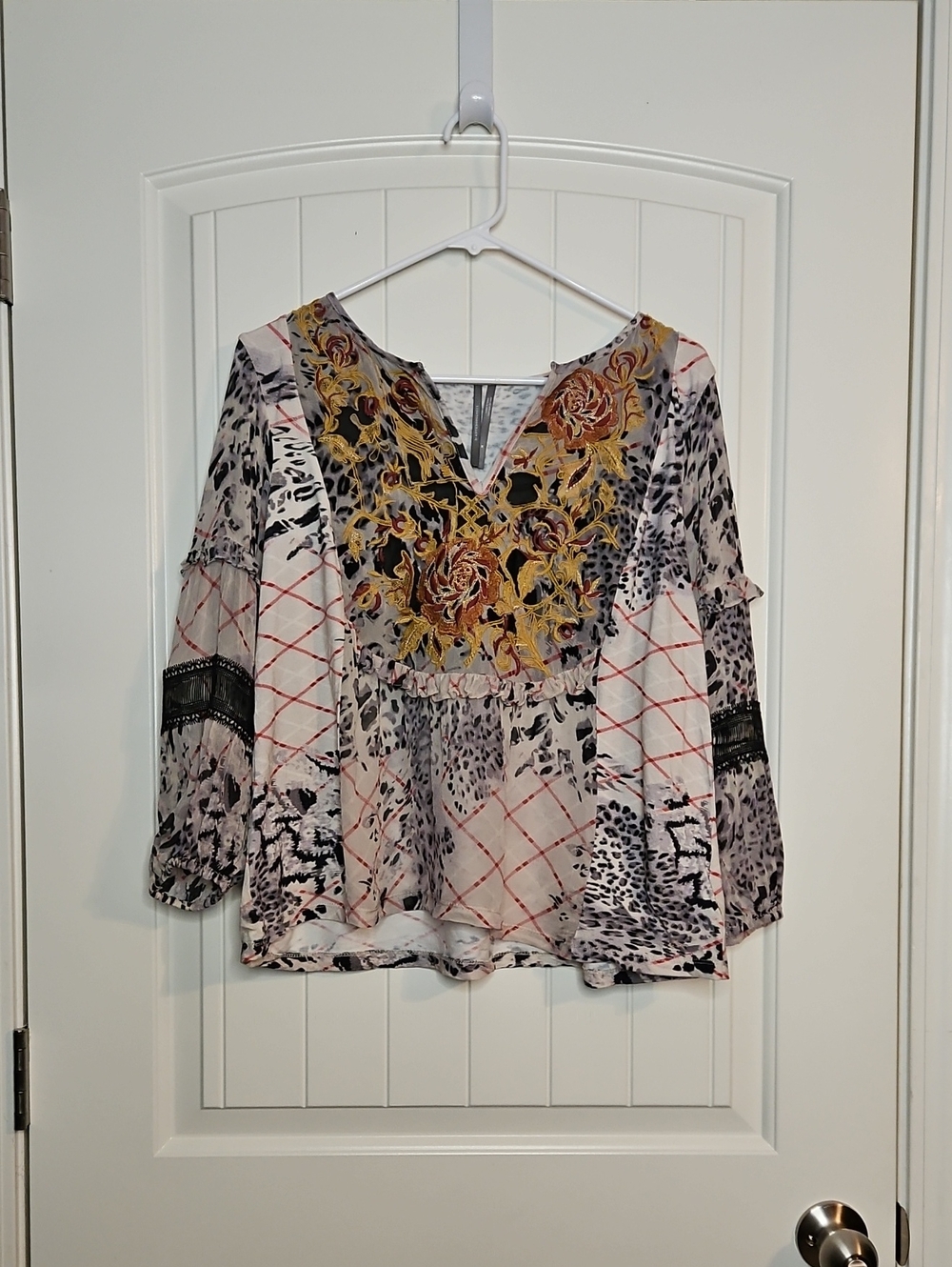 Anthropologie Mathilda Ballon Sleeve Mixed Media Blouse.